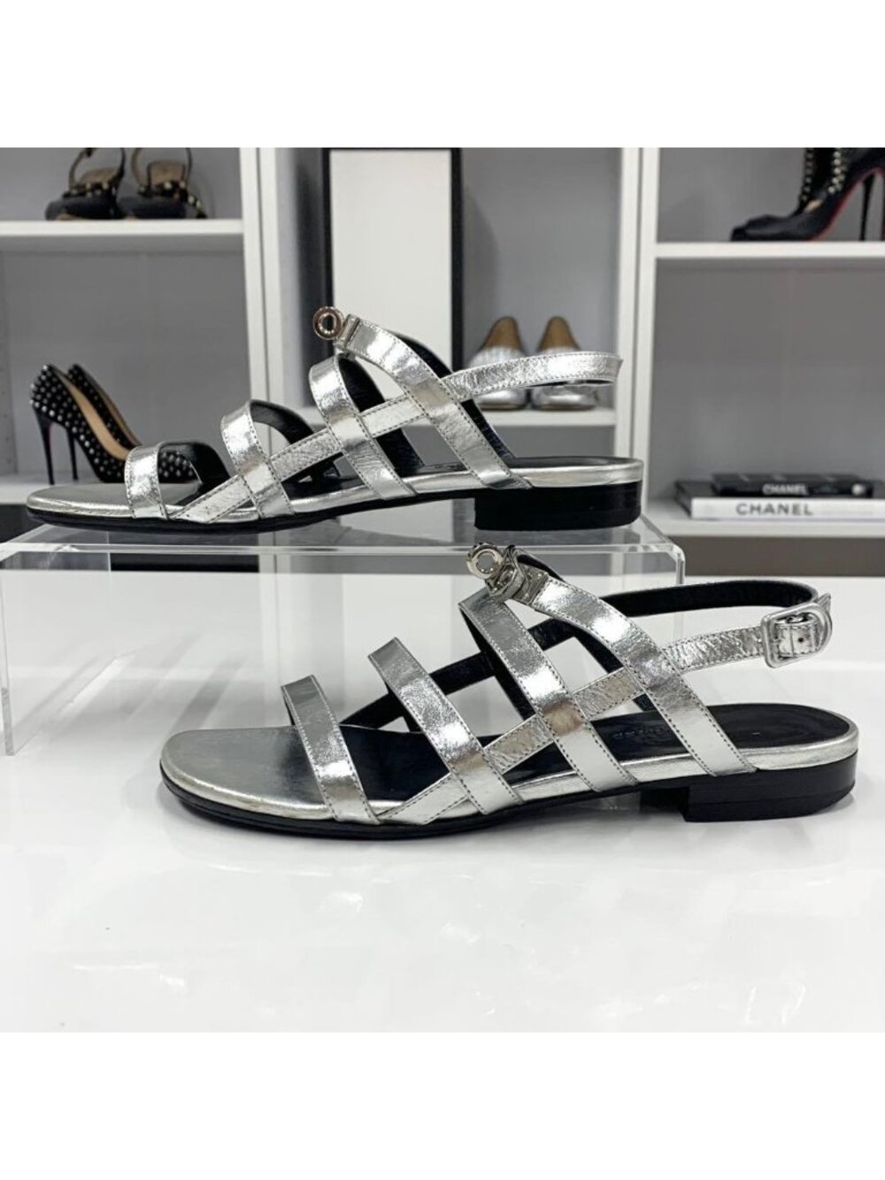 Hermes Transat Leather Kelly Hardware Sandals Silver - Picture 3 of 10